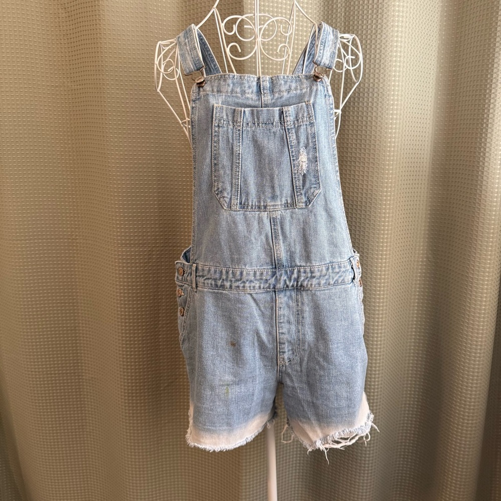 Forever 21 Blue Distressed Overall Shorts with Adjustable Straps